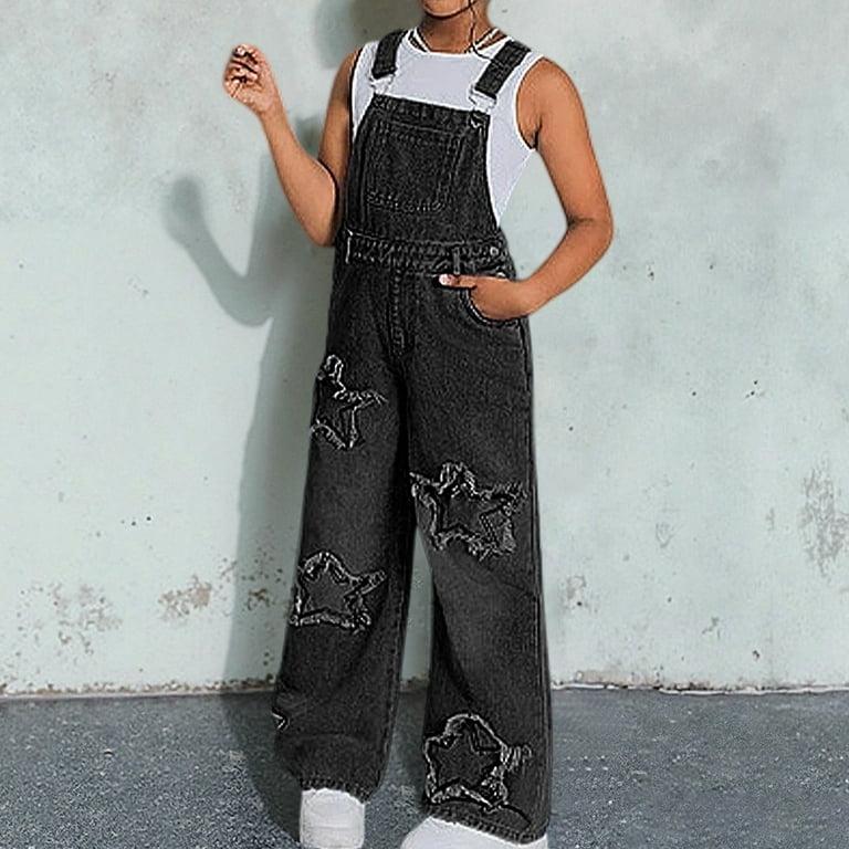 FINALGANG Girl Leisure Pants Star Print Denim Overalls Wide
