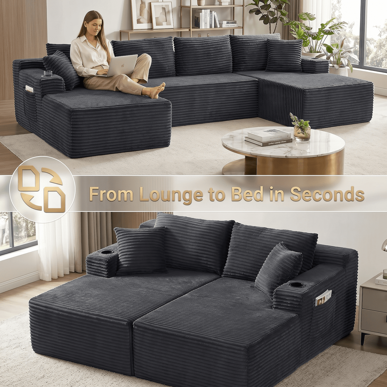 Xiweot Cloud Couch Modular Sectional Sofa for Living Room, 134" Oversized U Shaped Boneless Couch with Cup Holder & Storage Pocket, Corduroy Comfy Upholstered Deep Seat Sofa for Apartment, Dark Grey