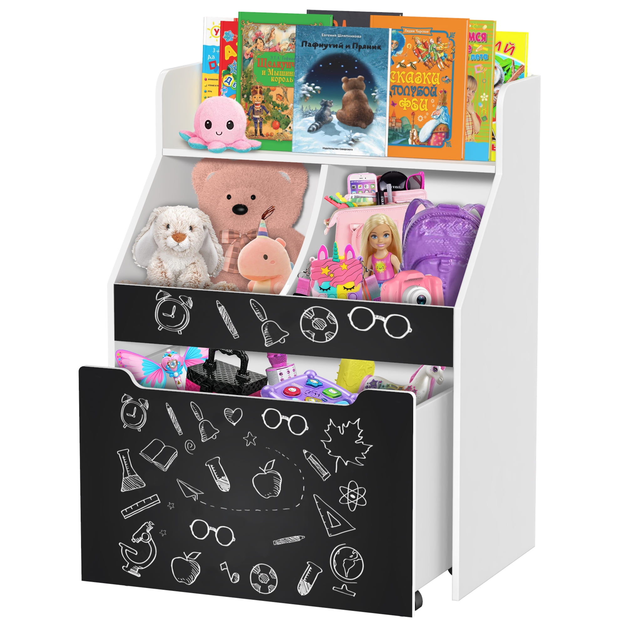 iRerts Kids Bookshelf with Drawer, Wood Kids Bookcase Toy Storage Chest with Rolling Bin
