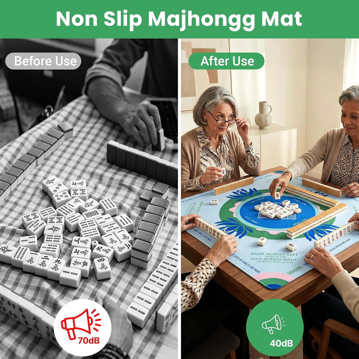 Mahjong Mat with Rules, 32.2 Inch Square Neoprene Mahjong Mats for Table, Quiet Noise Reduction Mah Jong Mat, Rubber Anti-Slip Base for Board Games, Tiles Game & Dominoes Green