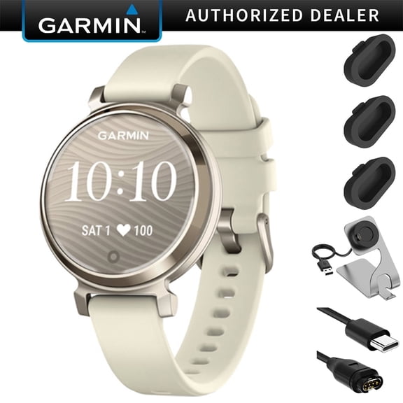 Garmin Lily 2 Smartwatch Cream Gold with Coconut Silicone Band Bundle with Charging Dock for Venu 3   Silicone Dust Cover (3-Pack)   USB Type C Charging and Sync Cable
