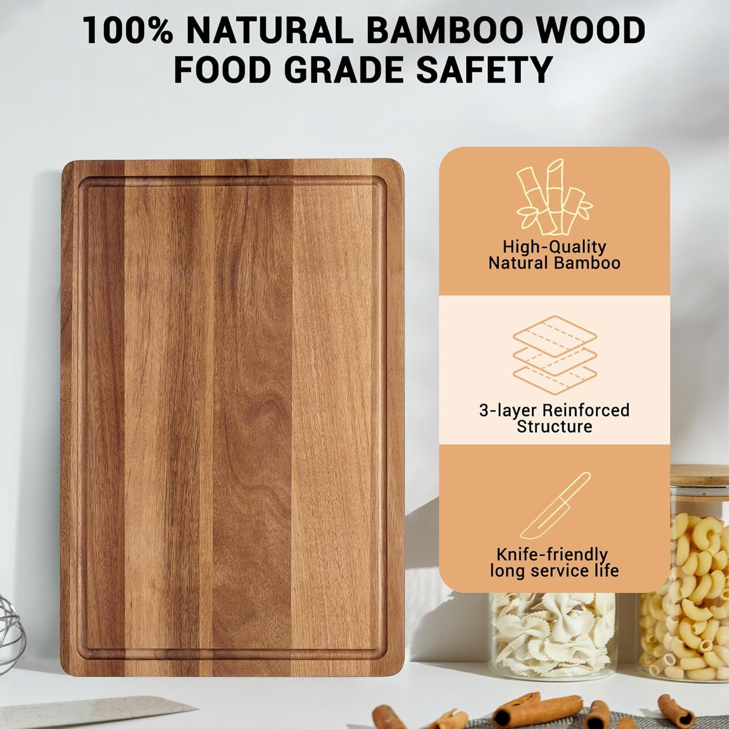 Large Natural Acacia Wood Cutting Board, 18"x12" Reversible Butcher Block with Deep Juice Groove & Side Handles, Durable Multipurpose Chopping Board