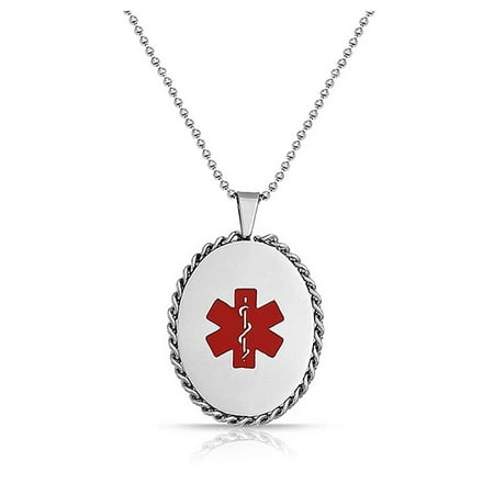 Engraved Oval Tag Pendant Engravable Medical Identification Doctor Alert ID Oval Dog Tag Pendant Necklace For Women For Teen Stainless Steel ()