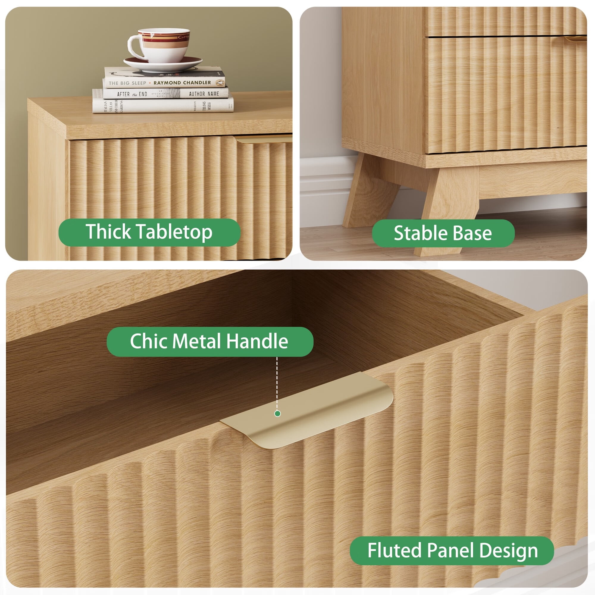 FANRAL 3 Large Drawer Nightstand,30" Tall Night Stand,24" Wide Side Table,Wood Fluted Bedside Table Modern End Table Small Dresser for Bedroom,Natural Oak Nightstand