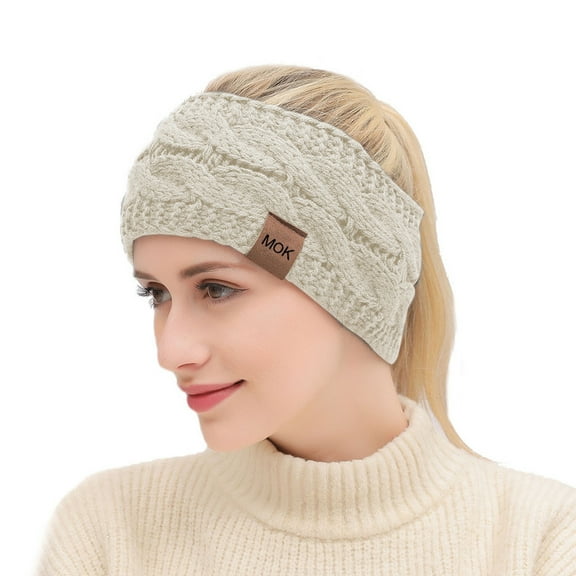 Cyglowse Soft Stretch Winter Warm Cable Knit Fuzzy Lined Ear Warmer Headband Beige