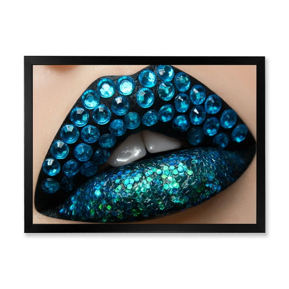 Designart 'Woman Lips With Black Lipstick Blue Diamonds' Modern Framed Art Print