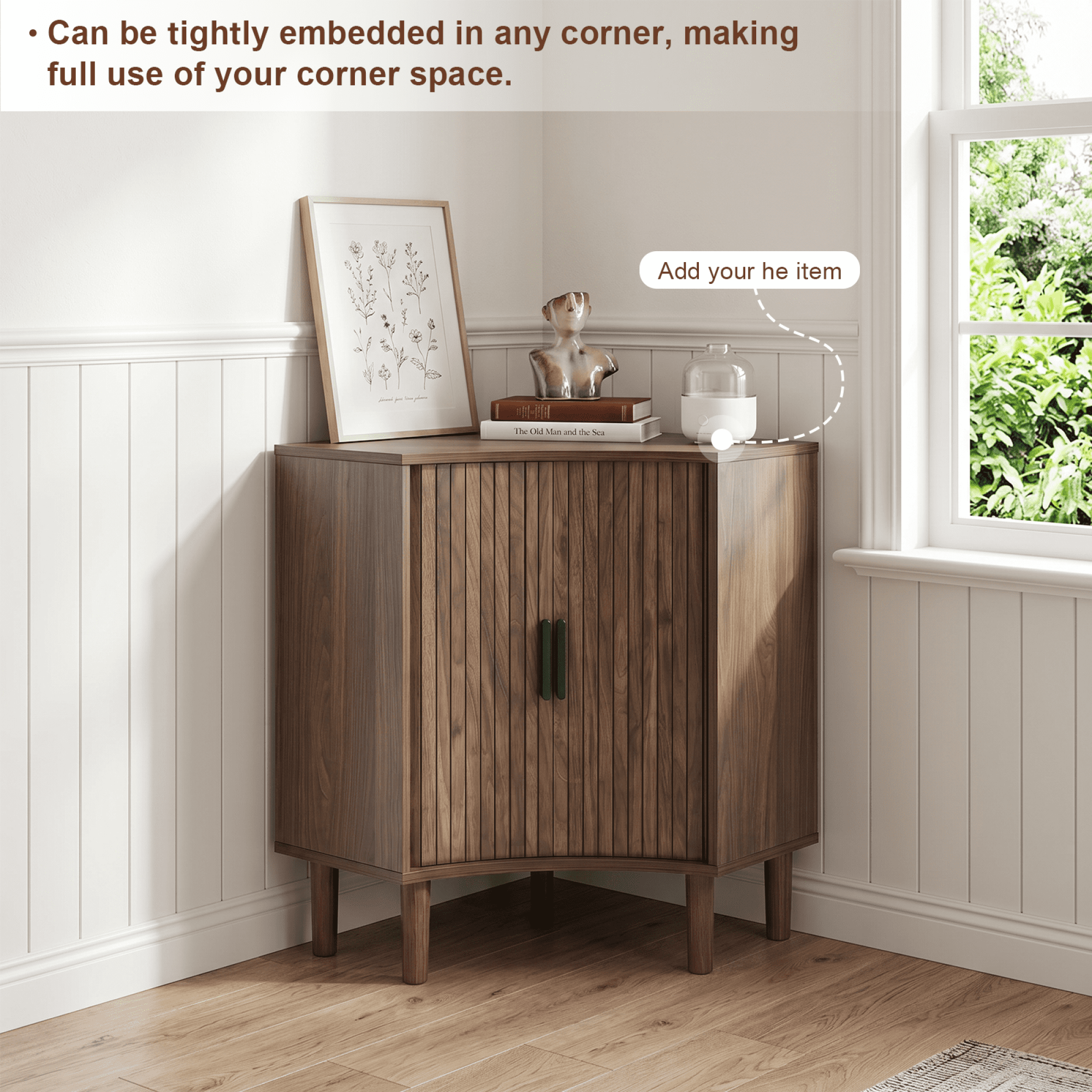 Leumius Fluted Corner Cabinet, Small Corner Floor Cabinet with Sliding Doors and Adjustable Shelves, Modern Wooden Freestanding Narrow Storage Cabinet for Living Room,Dining Room,Bathroom, Walnut