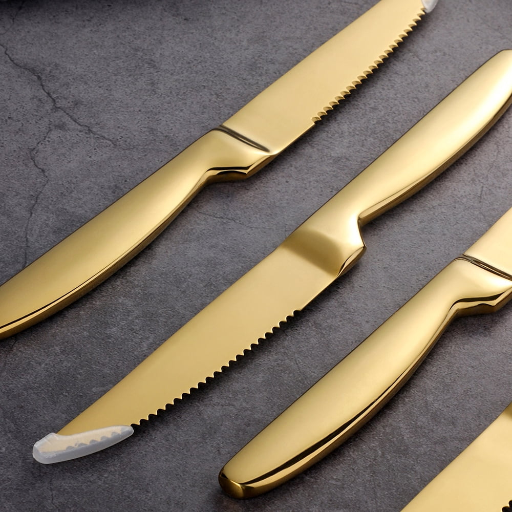 Buyer Star Gold Steak Knives Set of 6, Stainless Steel Serrated Kitchen Knife Set, Heavy Duty Dinner Knives for Cutting Meat, Beef, 8.6 Inch, Dishwasher Safe