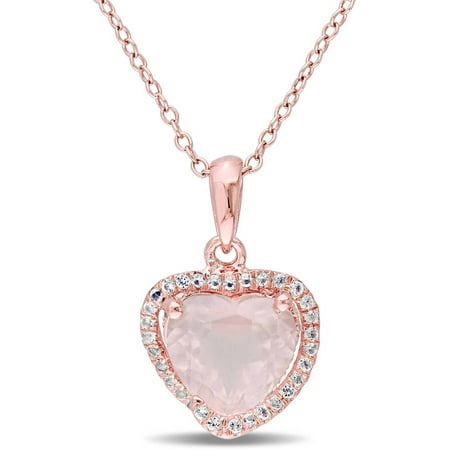Tangelo 2-5/8 Carat T.G.W. Rose Quartz and White Topaz Rose Rhodium-Plated Sterling Silver Halo Heart Pendant, 18
