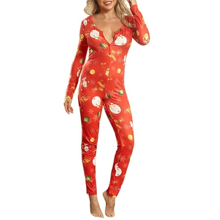 

Womens Long Sleeve Ladies Christmas Buttons V Neck Jumpsuit Pyjamas Rompers