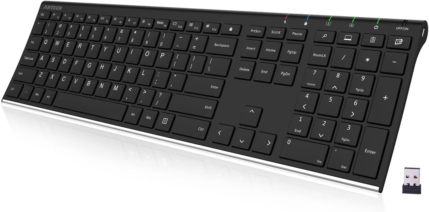 Arteck 2.4G Wireless Keyboard Stainless Steel Ultra Slim Full Size