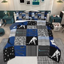 Homewish Cartoon Ice Hockey Bedding Comforter Set for Teens, American Sports Player Twin Comforter Sets, Navy Buffalo Plaid Reversible Bedding Set, Super Cozy Room Decor, 2 Pieces