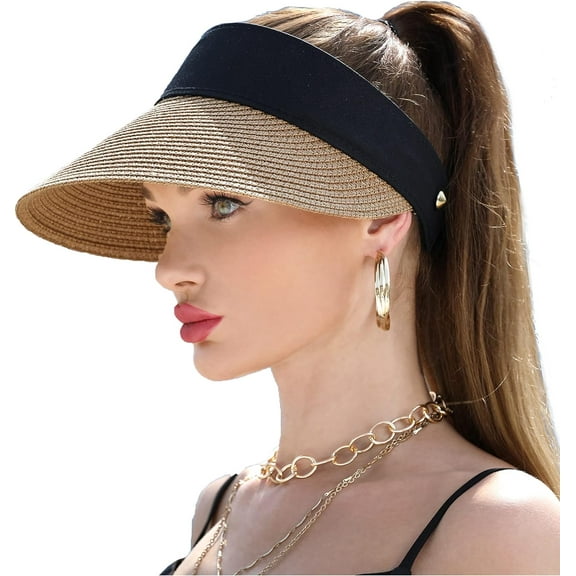 Women Wide Brim Straw Visor Sun Hat UV Protection Packable Beach Cap for Summer UPF 50 