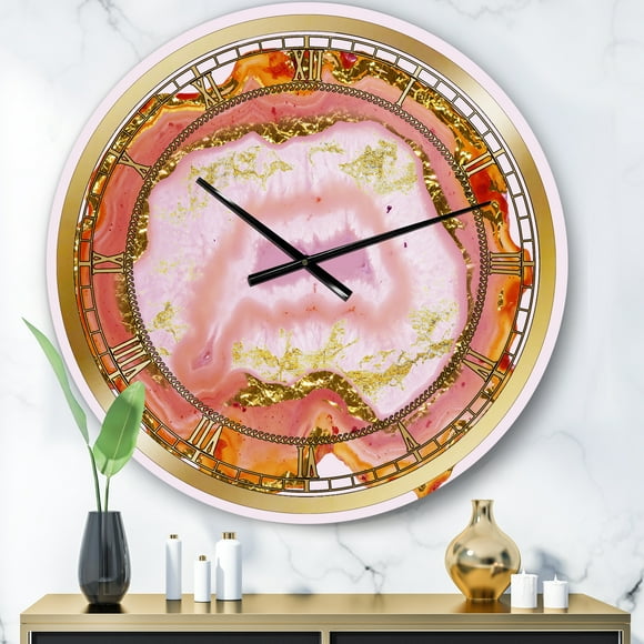 Designart 'Pink And Gold Chalcedony Agate Modern Wall Clock