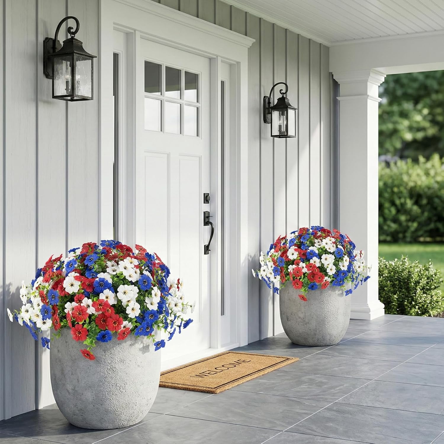 2 Sets Patriotic Artificial Hanging Flowers with Baskets, Red White Blue 4th of July Artificial Flowers, Outdoor Hanging Planter Decor for Front Porch, Patio, Garden Summer Holiday Decoration