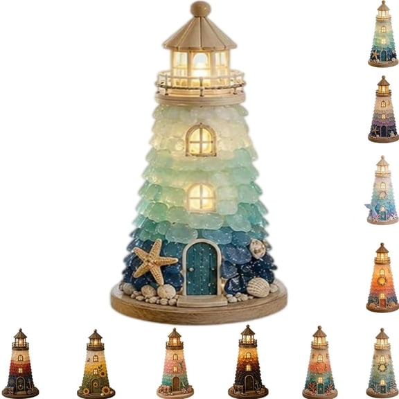 Sea Glass Art Kit – DIY Lighted Sea Glass-Style Lighthouse & the Lighthouse Decor | Sea Glass for Crafts,Sea Glass Decor,Warm LED Bedside Night Light(J)