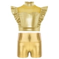 thumbnail image 6 of TiaoBug Kids Girls Jazz Hip Hop Dance Outfit Sleeveless Ruffle Crop Tops with Metallic Shorts Set Dancewear Gold 14, 6 of 7