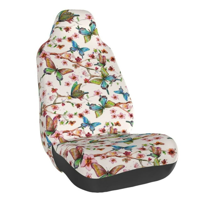 Wukai Watercolor Floral With Butterflies Full Set Car Seat Covers with Soft Padding Universal Auto Front Seats Protector and Cushion Mat