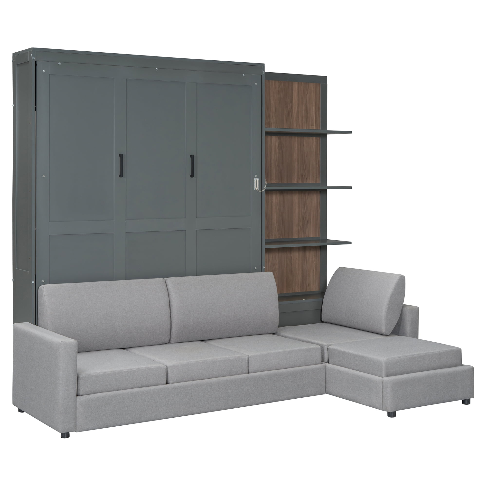 Mintazer Queen Size Murphy Bed with L-Shaped Sectional Sofa & Open Storage Shelves, Foldable Wall Cabinet Bed for Guest Room Home Office Studio Apartment, Gray