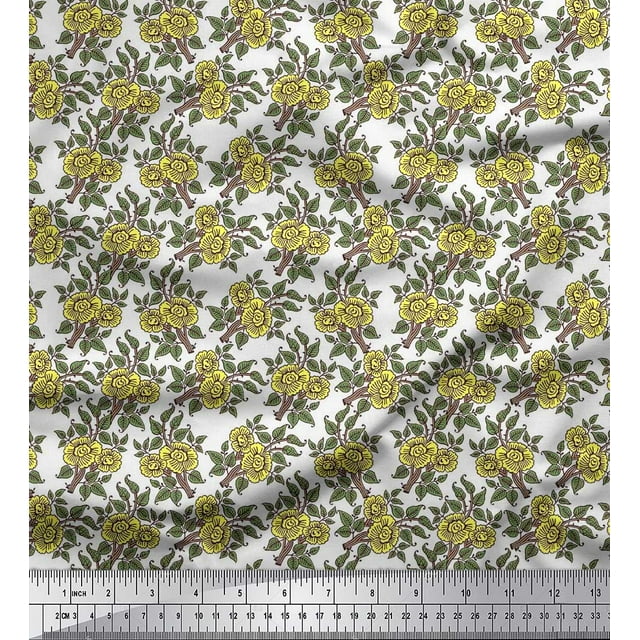 Soimoi Moss Georgette Fabric Leaves & Floral Block Decor Fabric Printed Yard 42 Inch Wide