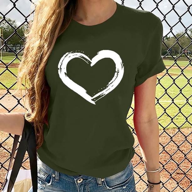 ICHUANYI Clearance Women Short Sleeves Crewneck Heart-shaped Print Casual Tops Blouse T-shirt(Army Green, L) ICHUANYI WER2023080701569