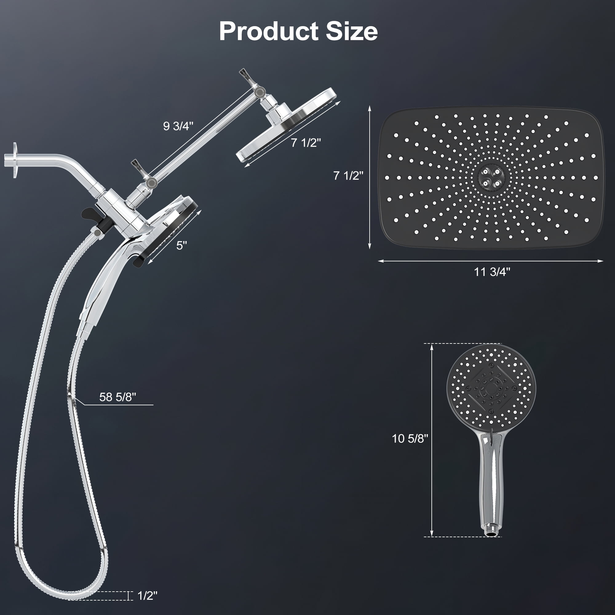 Hironpal 12"High Pressure Rain Shower Head with Handheld, 3+8+2 Spray Setting, Handheld Showerhead Combo with 59" Hose,Chro