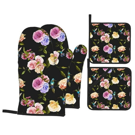 

Oven Mitts and Pot Holders 4 pcs Set Carnation Hummingbird Black Heat Resistant Pot Holders Oven Mitts for kitchen Non-Slip Hanging Loop Oven Glove Potholders for Baking Cooking