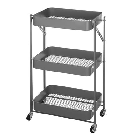 Urban Shop Folding 3 Tier Rolling Cart, Grey