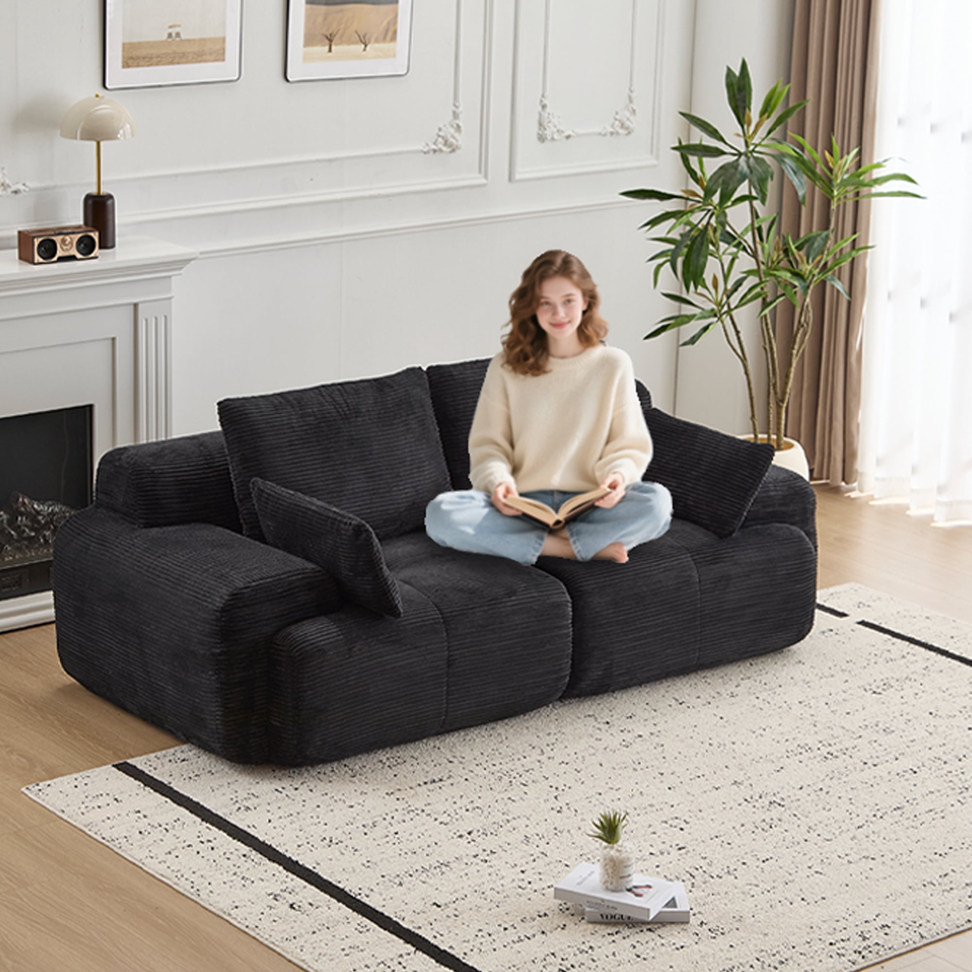 Miniyam 84" Corduroy Modular Sofa Couch with Cushions, Convertible Sectional Seating for Living Room, 1200 lbs Capacity, No Assembly, Black