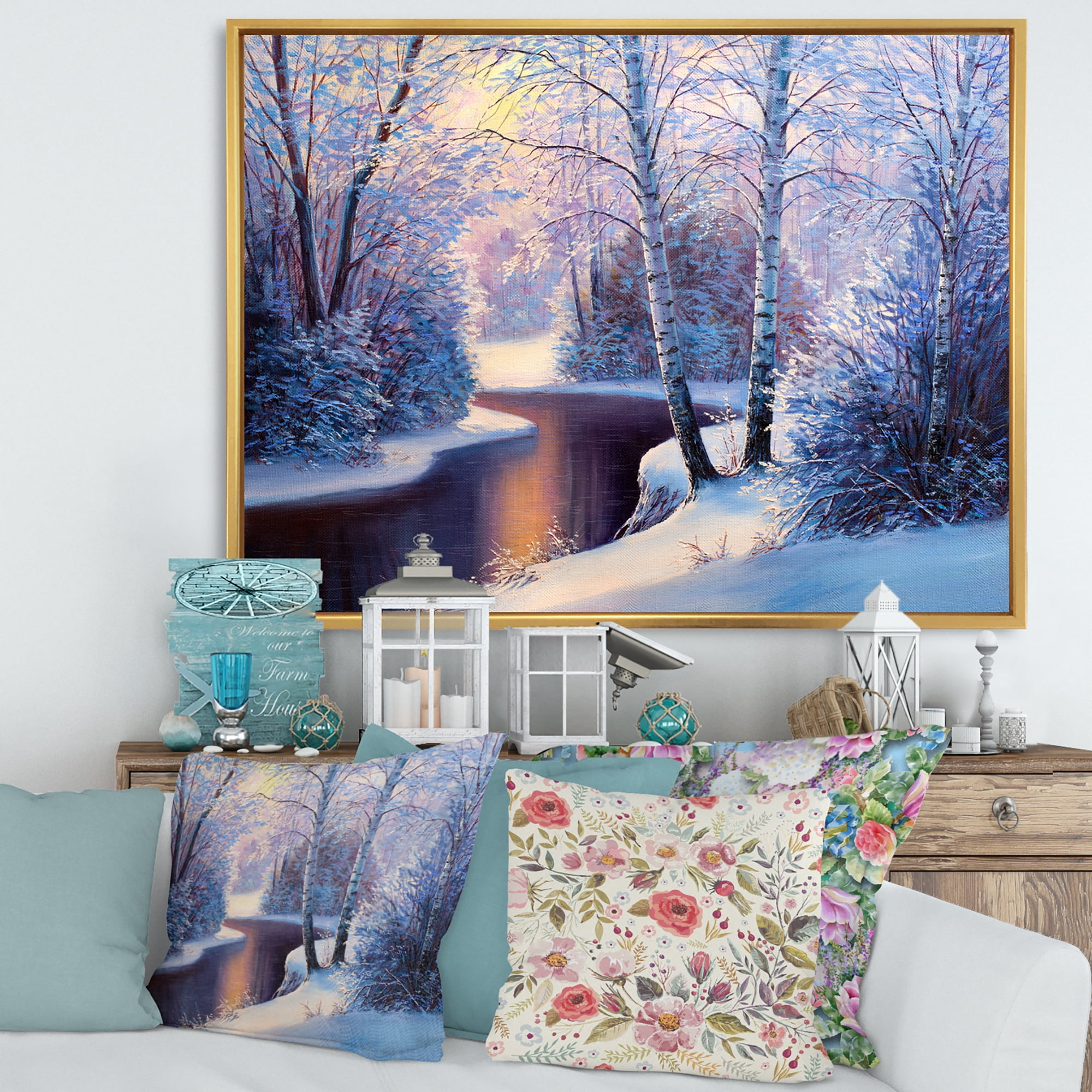Designart 'Christmas Forest With Trees and River I' Traditional Framed Canvas Wall Art Print