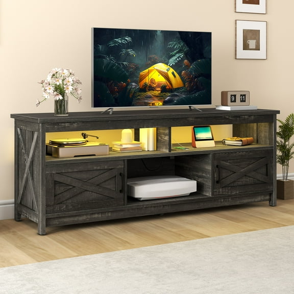 Uforic 65" Farmhouse TV Stand for 60/65 Inch TV with Power Outlet,Entertainment Center TV Console with LED Light, Dark Gray