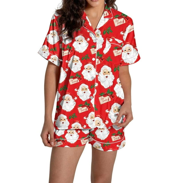 Pyjama pour Femmes en Satin de Soie à Imprimé Graphique, Mignon, Tenue de Nuit, Boutons, Hauts à Manches Courtes, Ensembles de Shorts