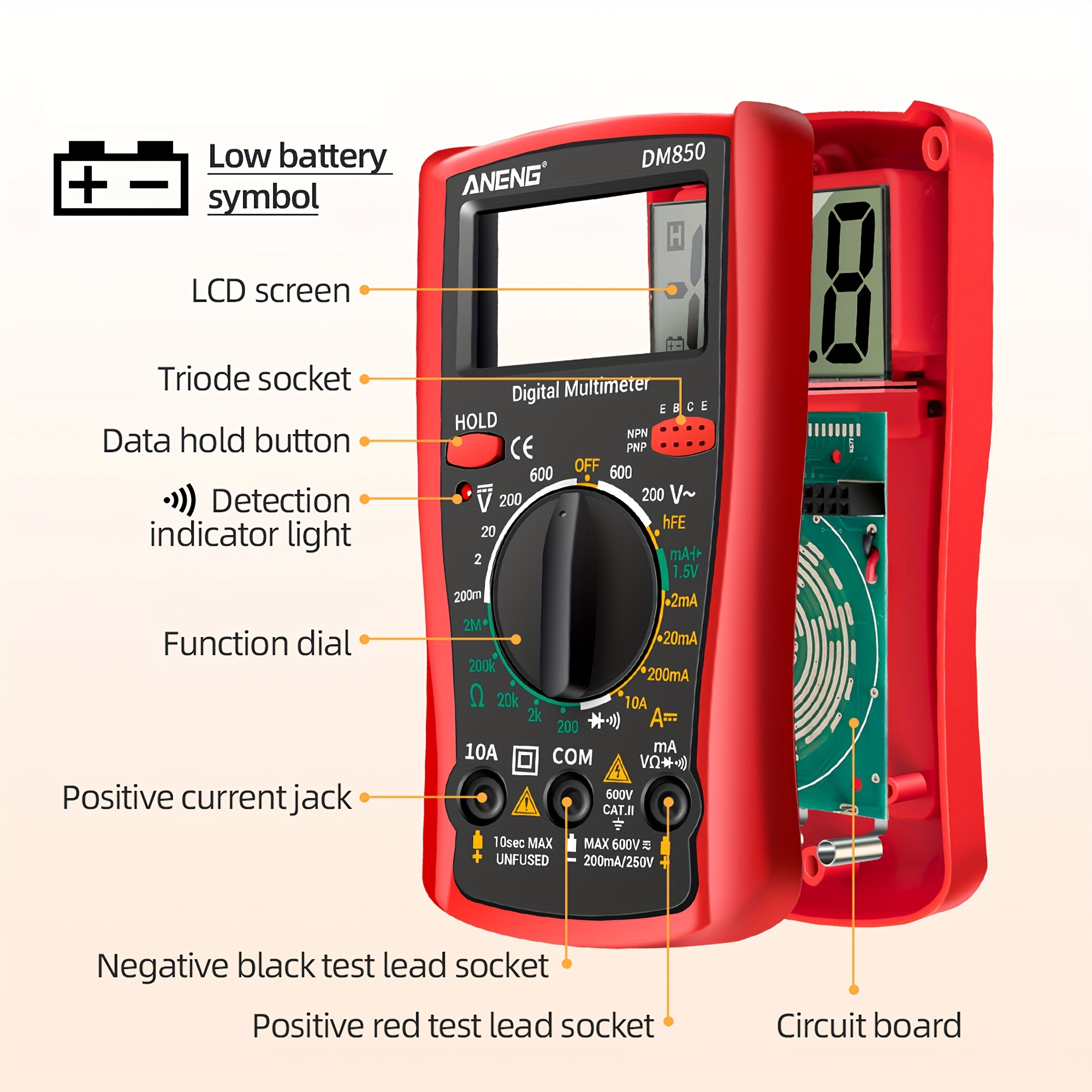 TKDMR Digital Multimeter Tester 1999 Counts with DC AC Voltmeter and Ohm Volt Amp Meter; Measures Voltage, Current, Resistance, Continuity and Diode, black、red