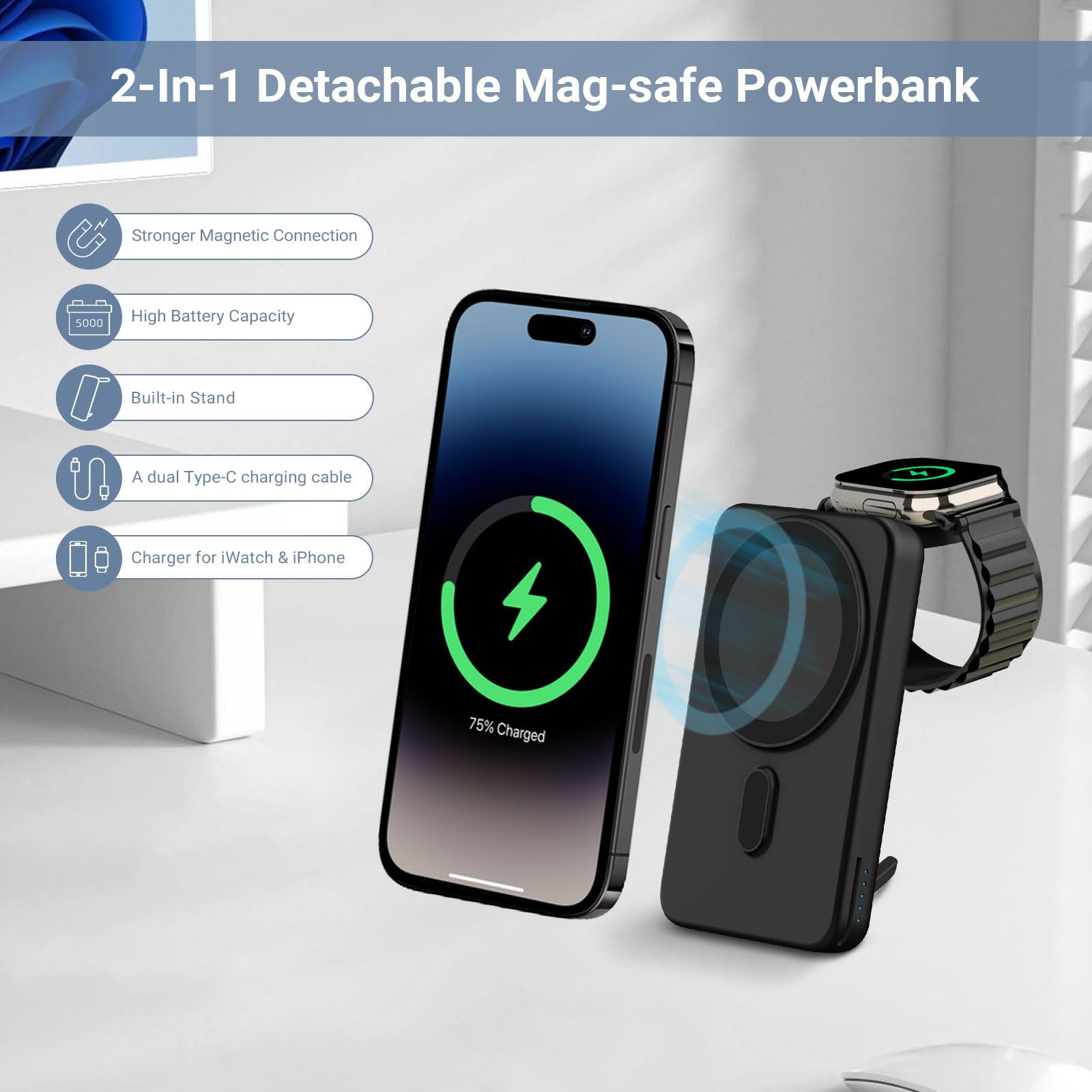 Smtcsl 10000mAh Portable MagSafe Power Bank for iPhone 16/15/14/13/12 & Apple Watch