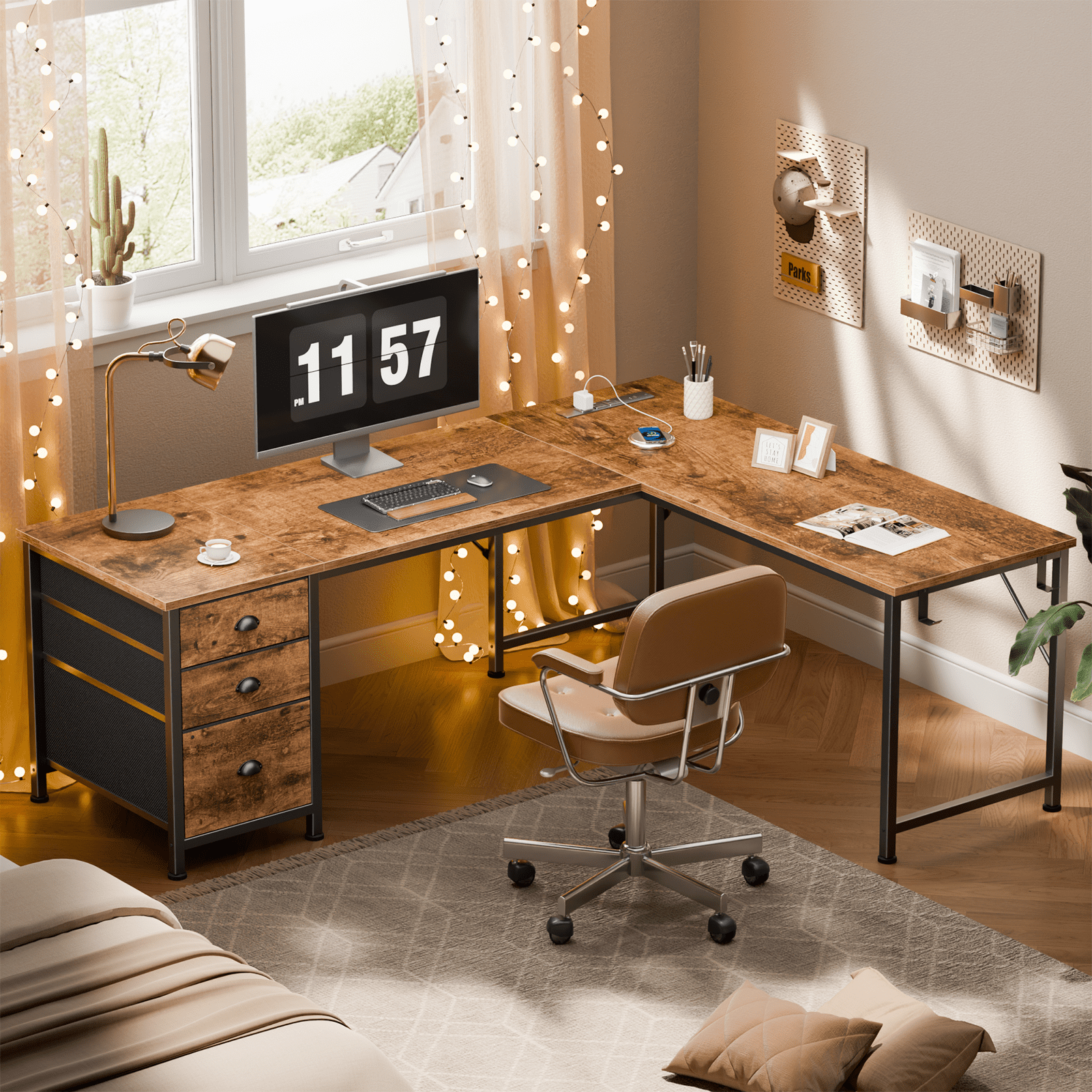 Satifur 63 Inch Reversible L Shaped Corner Computer Desk, Rustic Home Office Desk with 3 US AC Outlets 1 USB 1 Type-C Charging Port, 2 Non-Woven Drawers & File Cabinet, L Hooks & Cable Hole Plugs