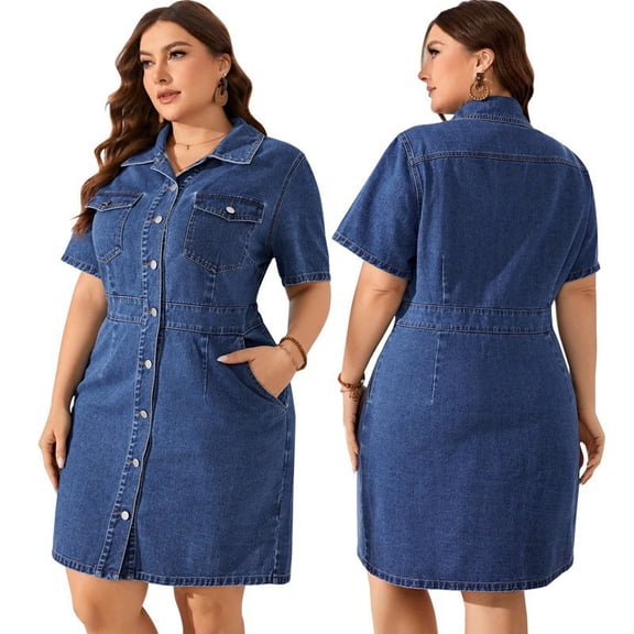 Plus Size Denim Shirt Dress Short Sleeve Button Down Midi Dress With Pockets for Spring Summer