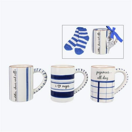 

Youngs 20216 Blue & White Ceramic Mug with Sock Assorted Color - 3 Piece