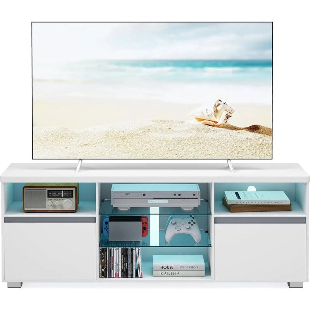 TV Console for Bedroom Living Room Furniture 2 Cabinets With Doors 63-Inch Long TV Stand With LED Lights for TVs Up to 70 Inch My Lux Decor Round