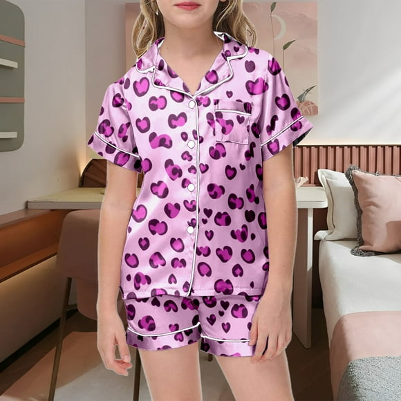 Girls Sleepwear Set Comfortable Loungewear Cute Cartoon Heart Print Soft Breathable Fabric Ideal for Kids 2-13 Years Relaxation and Home Use