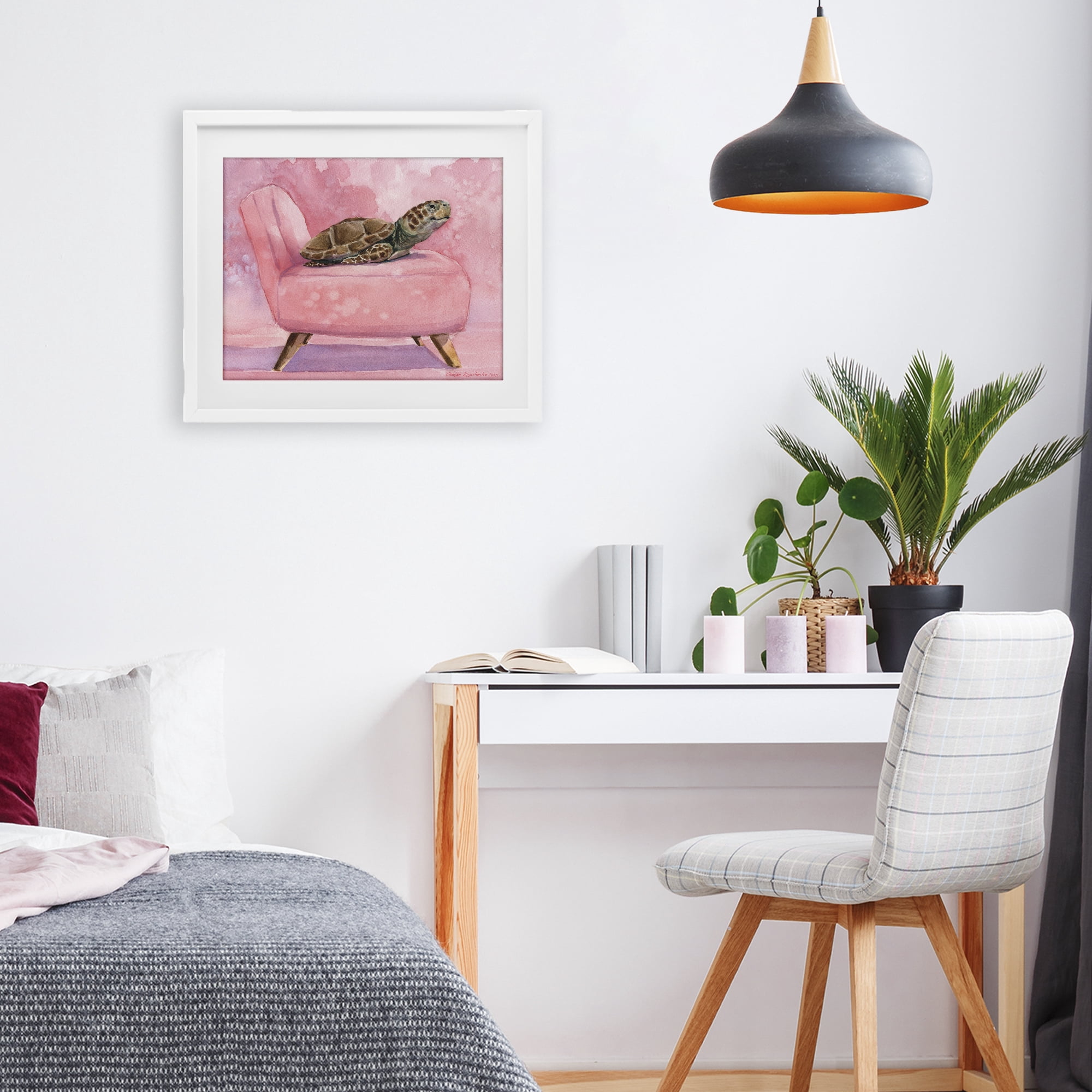 Stupell Industries Happy Turtle on Pink Chair White Framed Print Under Glass, design by George Dyachenko