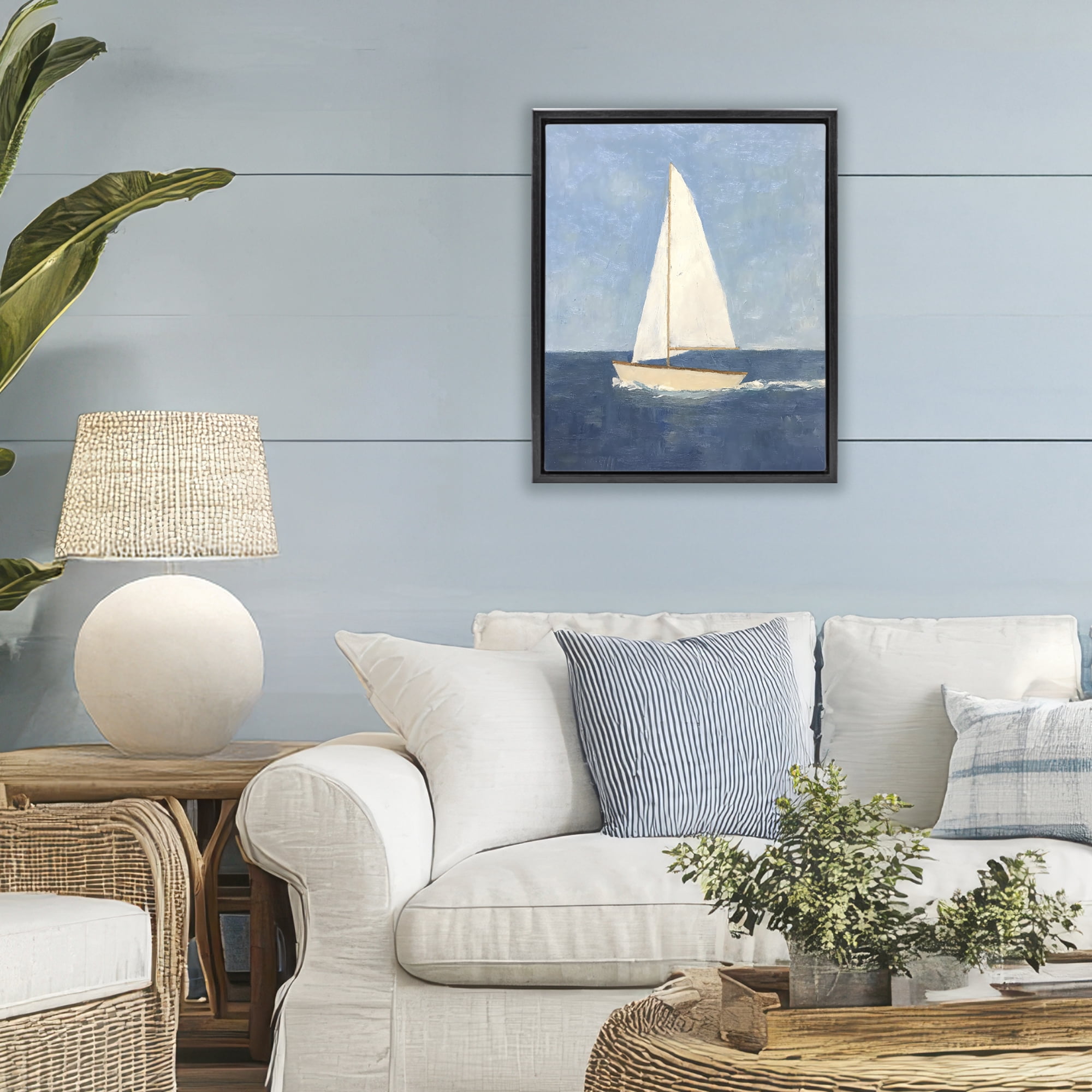Stupell Industries Deep Blue Sail at Sea Black Framed Floater Canvas Wall Art, design by Creative Studio
