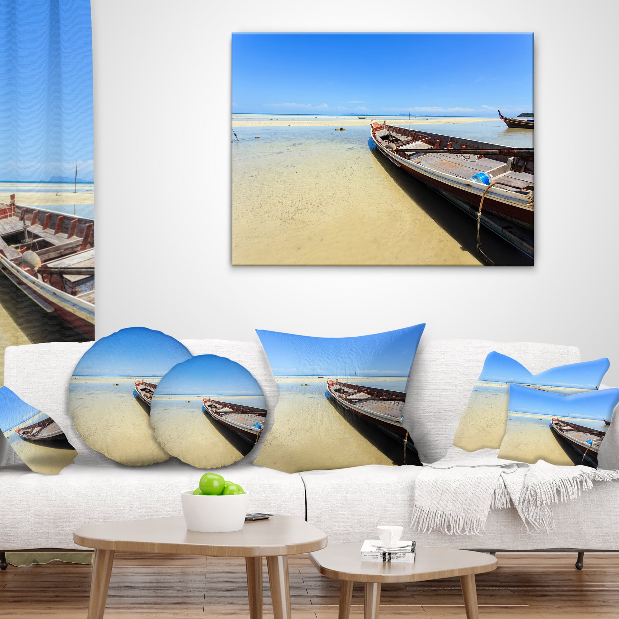 Designart Traditional Thai Boat on Beach - Seashore Throw Pillow - 18x18