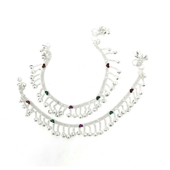 Duel On Jewel Traditional Silver Anklet Payal Pair with Hanging Beads, Wave Motif, Loud Bell Sound, 9.56-Inch Length, Indian Wedding, Dance, Beach Jewelry for Women, Handcrafted Statement Accessory
