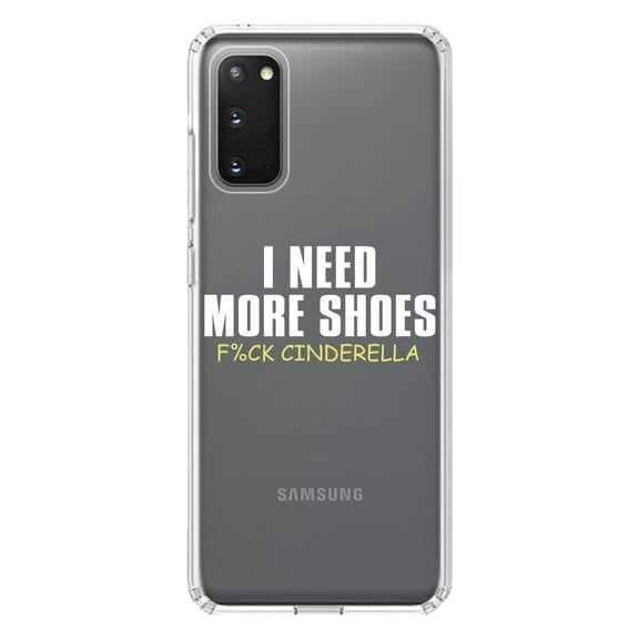 DistinctInk Clear Shockproof Hybrid Case for Galaxy S20 ULTRA / 5G (6.9" Screen) - TPU Bumper Acrylic Back Tempered Glass Screen Protector - I Need More Shoes - F%ck Cinderella