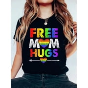 Free Mom Hugs Rainbow Heart Proud Mama LGBT Gay Pride LGBTQ T-Shirt Graphic Tee summer Tops For Women Round Neck Fashion Cotton shirts