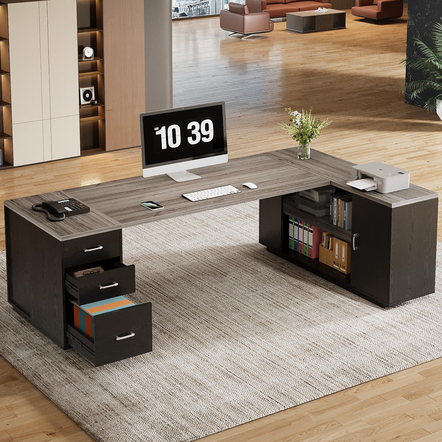 Tribesigns 85.8" L-Shaped Executive Desk, Extra Large Office Desk with File Drawers, Modern Business Furniture with Door Cabinet, Shelves for Home Office, Gray & Black