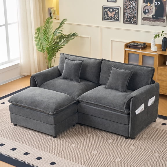 Deep Seat Sectional Sofa Cloud Couch with Ottoman, Modern Chenille Comfy Love Seat Upholstered Modular L Shaped Couch for Living Room, Apartment, Office,DIY Combination (Gray)