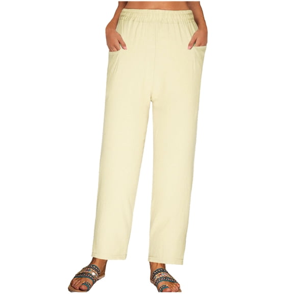 VEKDONE Straight Trousers for Women Cotton Linen Long Pants with Pockets Elastic Waisted Plus Size Lounge Pants Vacation Beach Pants Beige L