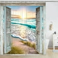 thumbnail image 4 of Beach Shower Curtain, Teal Blue Barn Door with Sea Shower Curtain Set, Hawaiian Sunset Scenery Sea Wave Retro Bathroom Decoration, Farmhouse Nautical Wedding Bathroom Curtain 72x72inches, 4 of 12