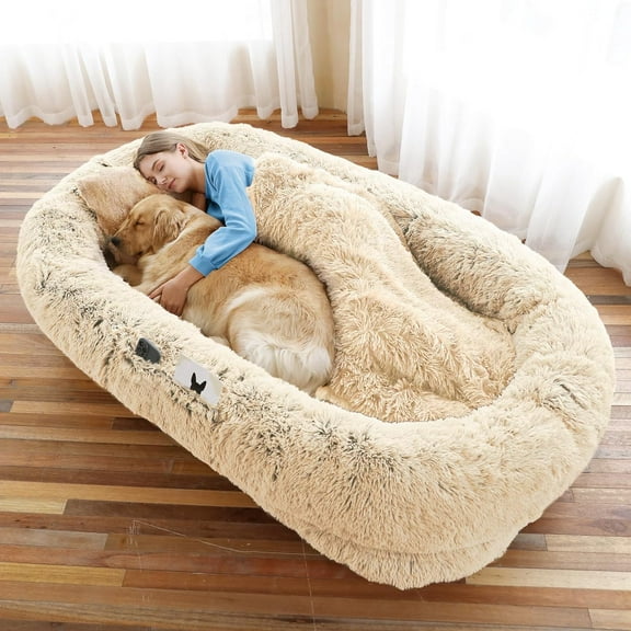 Human Dog Bed, 71''x45''x12'' Size Fits You and Pets, Washable Faux Fur Pet Bed for People Doze Off, Napping Dog Bed, Present Plump Pillow, Blanket, Strap - Beige